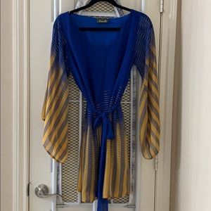 Maude Dress in Royal blue and yellow. Bell sleeves